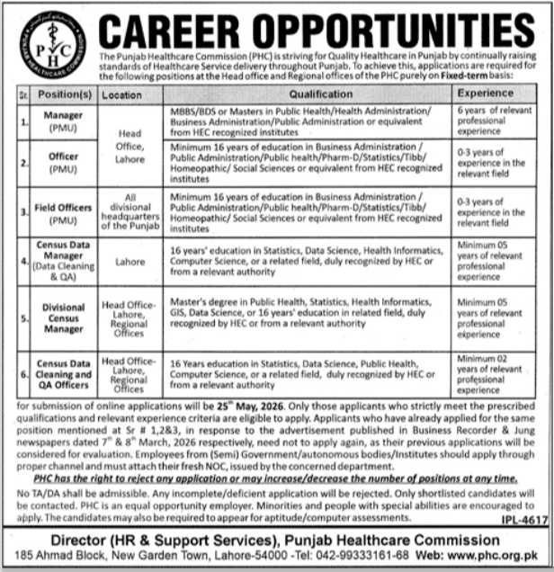 Multiple Posts PMU - Punjab Healthcare Commission Lahore 2026 - Lahore