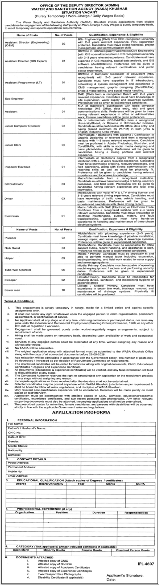 Multiple Technical & Support Staff - WASA Khushab 2026 - Khushab