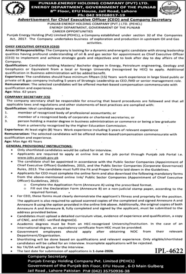 Chief Executive Officer & Company Secretary - PEHCL Lahore 2026 - Lahore