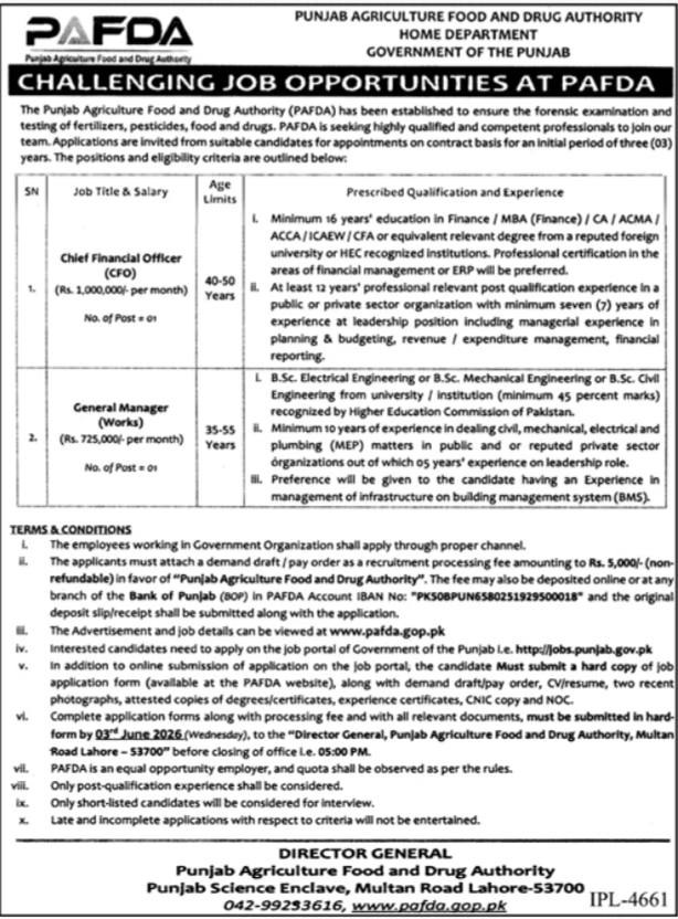 Chief Financial Officer & General Manager Works - PAFDA Lahore 2026 - Lahore