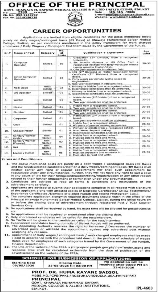 Multiple Posts Daily Wages - Govt Khawaja M Safdar Medical College Sialkot 2026 - Sialkot