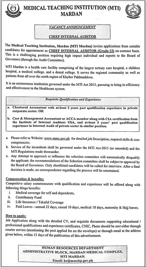 Chief Internal Auditor Grade-12 - MTI Mardan 2026 - Mardan