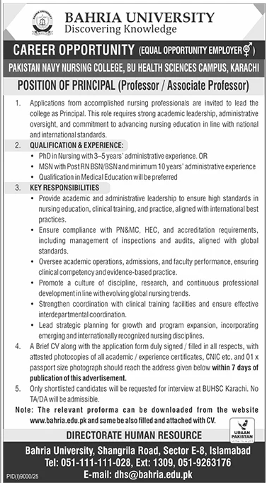 Principal Professor/Associate Professor - Pakistan Navy Nursing College Bahria University Karachi 2026 - Karachi