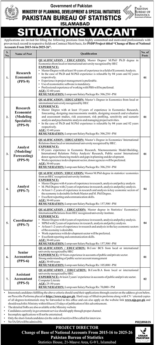 Multiple Posts PPS-9 to PPS-5 - Pakistan Bureau of Statistics Islamabad 2026 - Islamabad