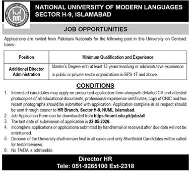 Additional Director Administration - NUML Islamabad 2026 - Islamabad
