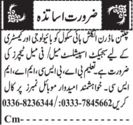 Subject Specialist Male/Female Teachers - Chaman Dawn English High School Quetta 2026 - Quetta