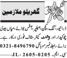 Driver, Cook, Chowkidar & House Staff - Gharelu Mulazmeen 2026 - Lahore