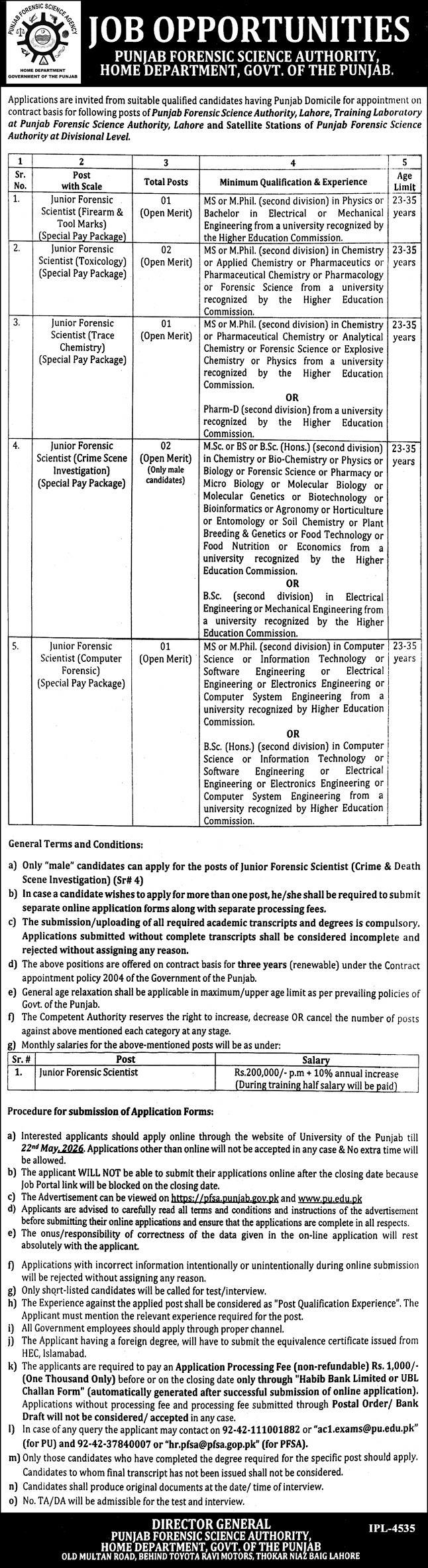 Punjab Forensic Science Authority Jobs - Lahore