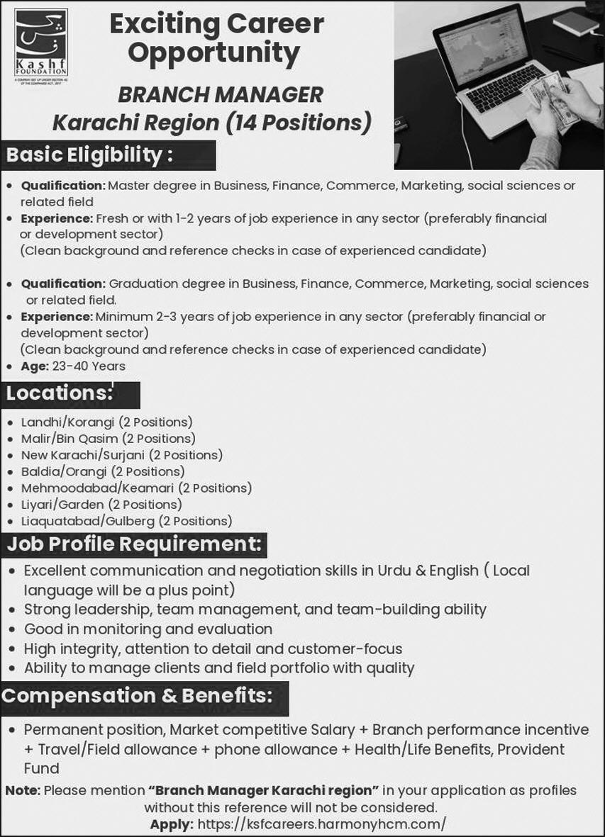 Branch Manager Kashf Foundation Karachi - Karachi