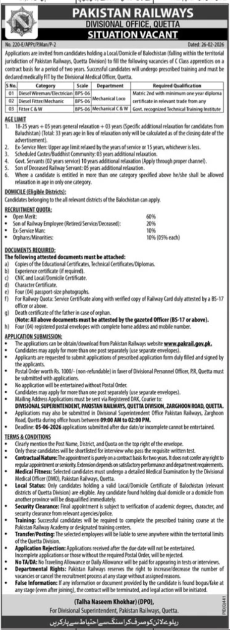 Diesel Wireman/Electrician - Quetta