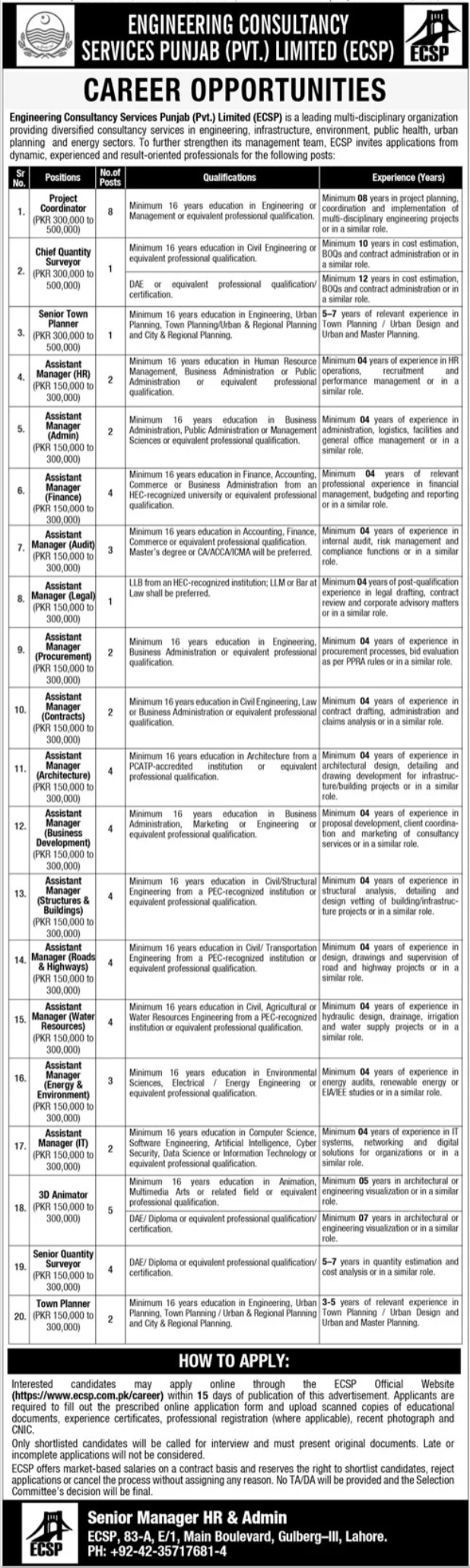 Engineering Consultancy Services Punjab (Pvt.) Limited (ECSP) is hiring for various professional roles including:  Project Coordinator  Chief Quantity Surveyor  Senior Town Planner - Lahore