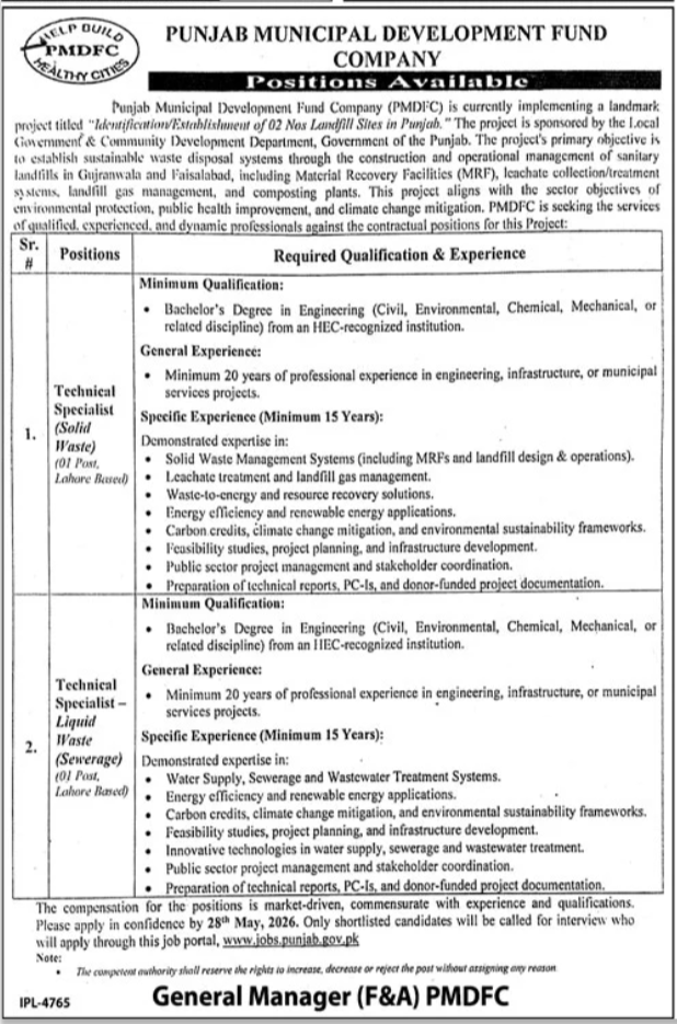 Technical Specialist (Solid Waste) – 01 Post.  Technical Specialist – Liquid Waste (Sewerage) – 01 Post. - Lahore