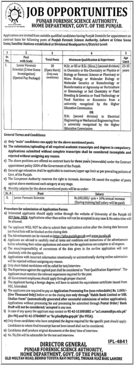 Junior Forensic Scientist - Lahore