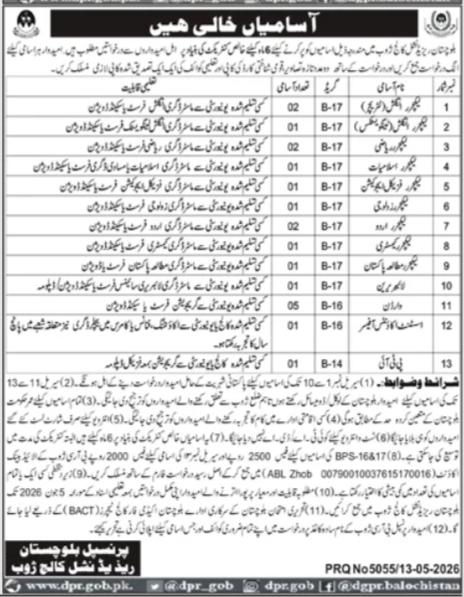 Principal Residential College Zhob Jobs - Zhob