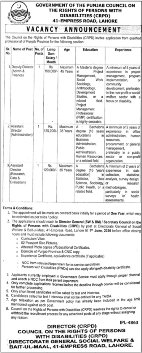GOVERNMENT OF PUNJAB CRPD Jobs - Lahore