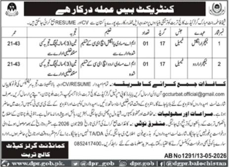 Contract Base Staff Commandant Cadet College Turbat - Turbat