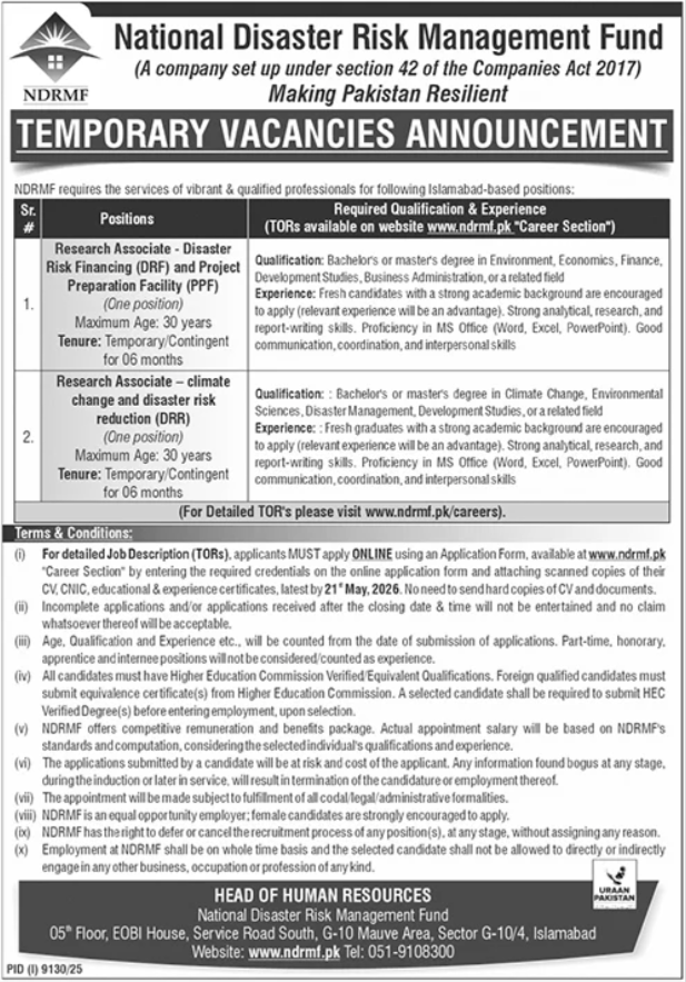 NDRMF Research Associate Temporary Vacancies - Islamabad