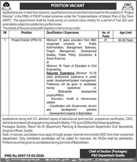 Project Director Sui Town Master Plan PSDP Job - Quetta