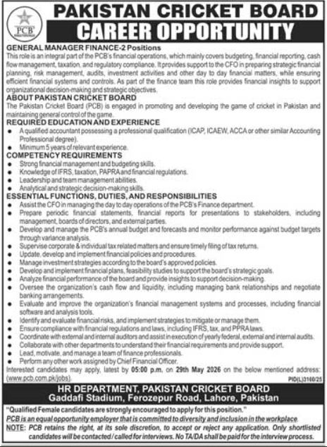 Pakistan Cricket Board General Manager Finance Jobs - Lahore