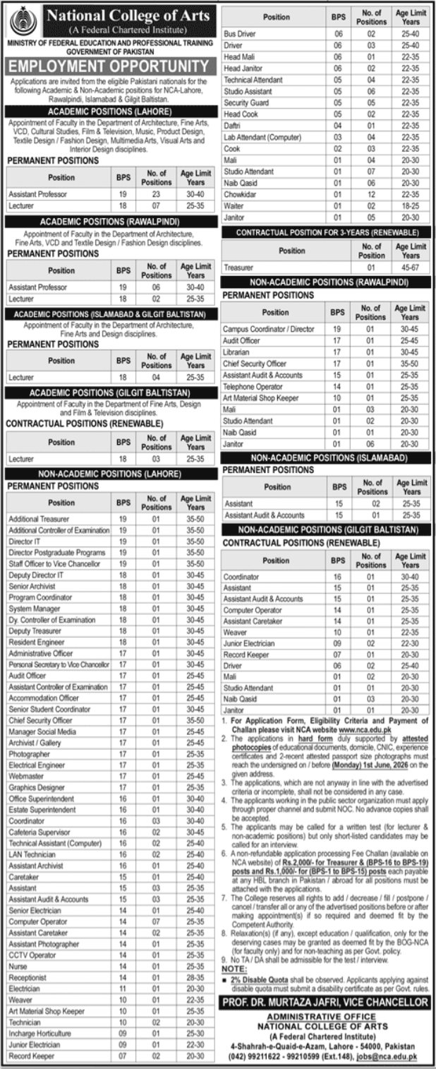 National College of Arts NCA Teaching & Non-Teaching Jobs - Multiple Cities