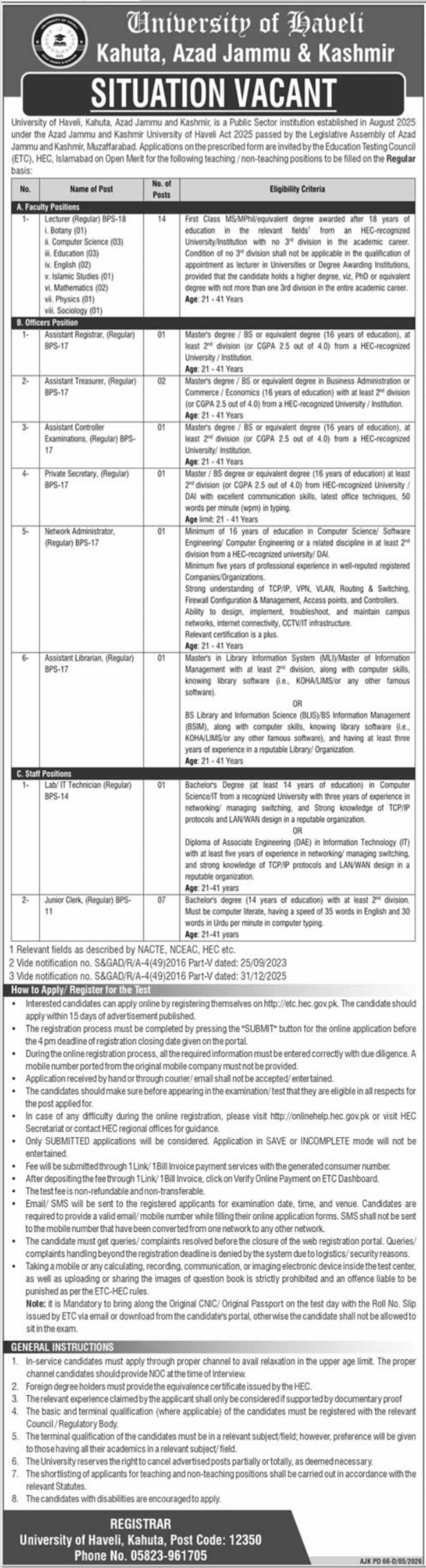 University of Haveli Kahuta AJK Teaching & Non-Teaching Jobs - Kahuta