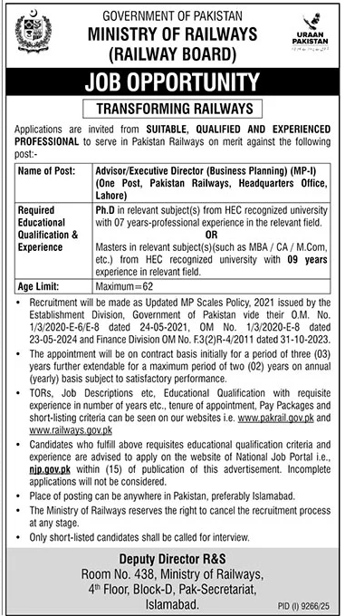 Ministry of Railways Advisor Business Planning Job - Lahore