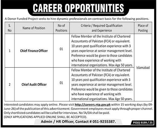 Donor Funded Project CFO & CAO Jobs - Islamabad