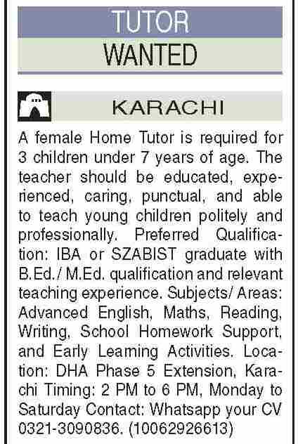 Female Home Tutor Required Karachi - Karachi