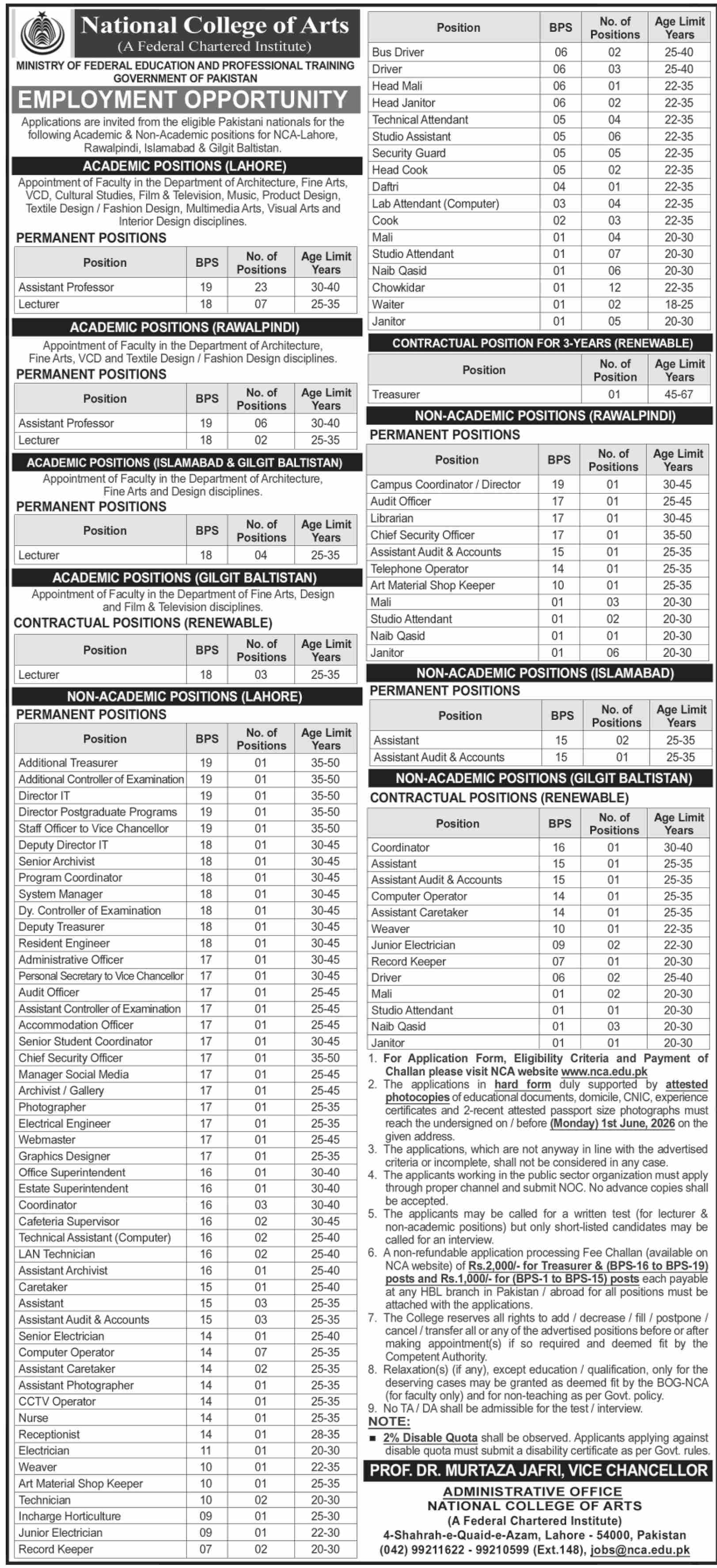 National College of Arts NCA Teaching & Non-Teaching Jobs - Multiple Cities