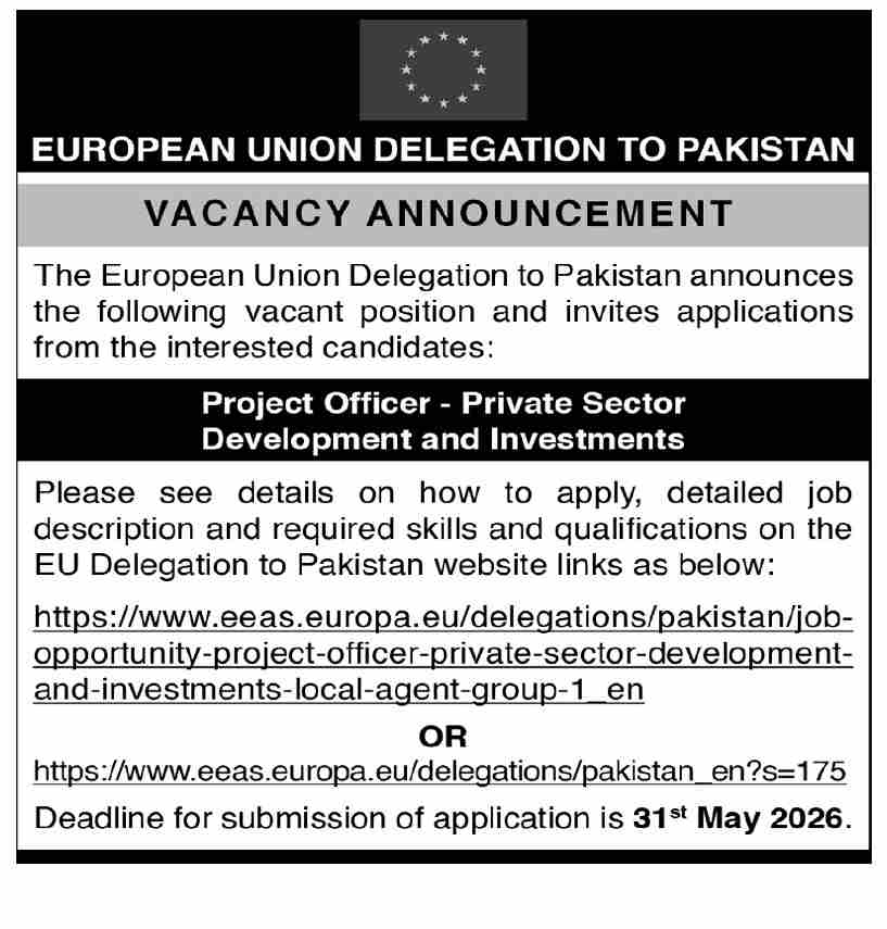 European Union Delegation Project Officer Job - Islamabad