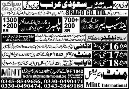 Saudi Arabia SRACO Co Ltd Landscape & Plumber Jobs - Saudi Arabia