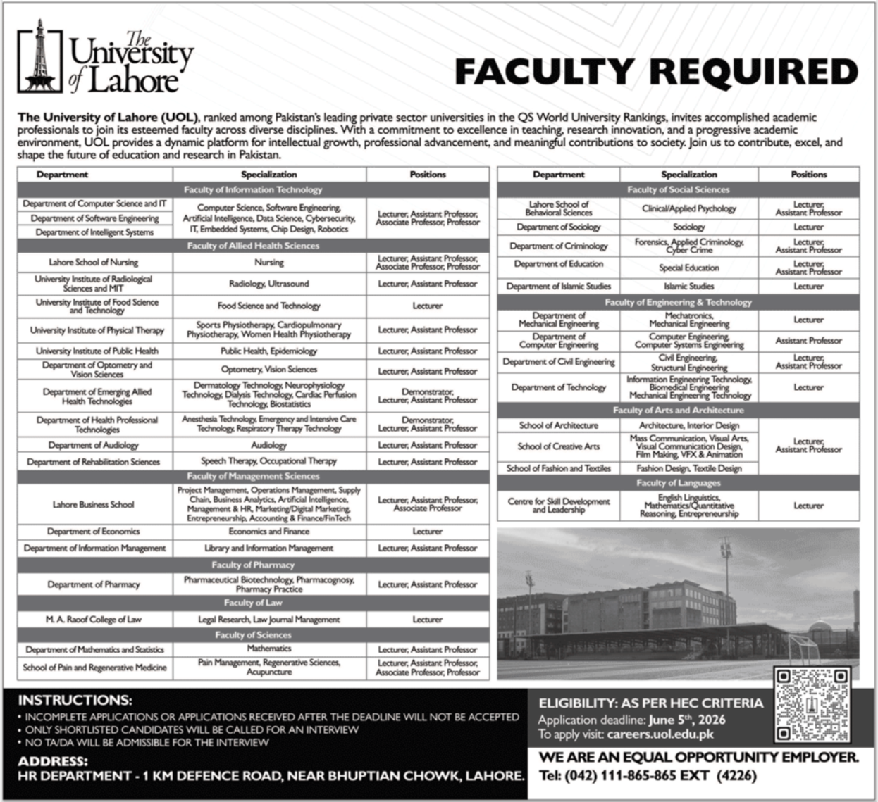University of Lahore UOL Faculty Jobs - Lahore