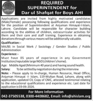 Superintendent Dar ul Shafqat Boys AHI Job - Lahore