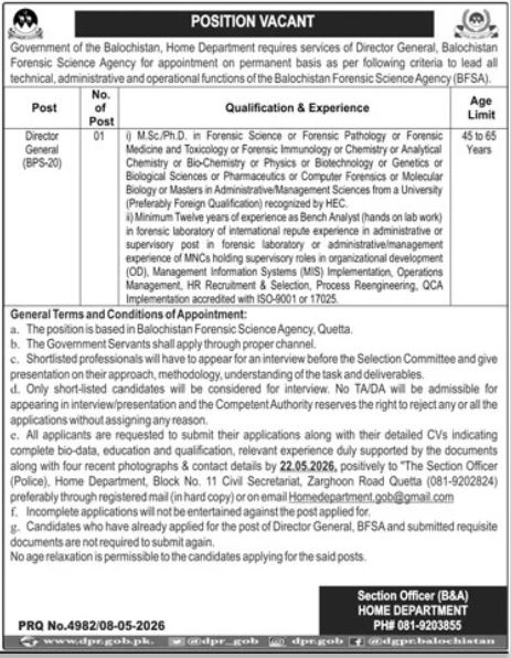 Director General Balochistan Forensic Science Agency Job - Quetta