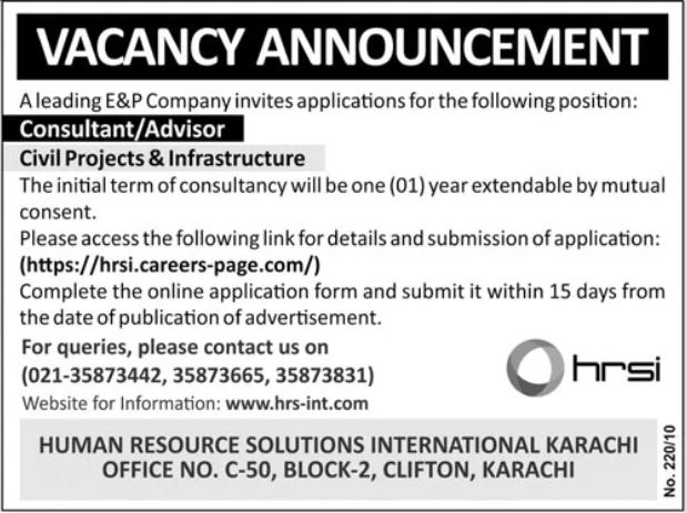 E&P Company Consultant Advisor Civil Projects & Infrastructure Job - Karachi