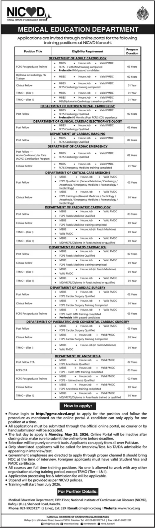 NICVD Karachi Medical Training Positions 2026 - Karachi