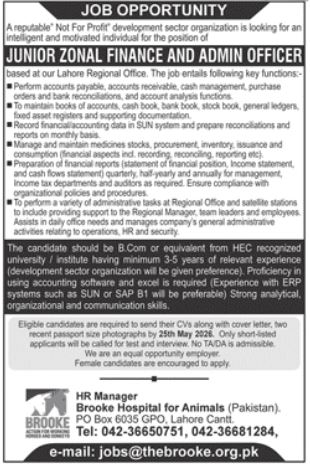 Brooke Hospital for Animals Junior Zonal Finance and Admin Officer Job - Lahore