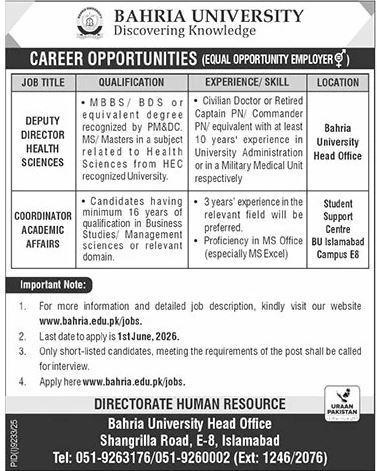 Bahria University Health Sciences & Academic Jobs - Islamabad
