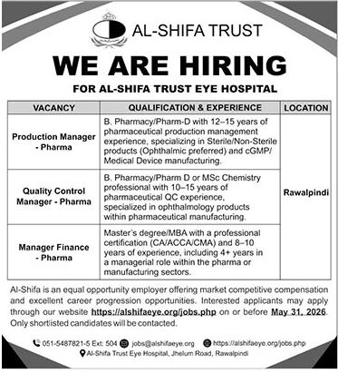 Al-Shifa Trust Eye Hospital Pharma Jobs - Rawalpindi