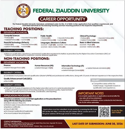 Federal Ziauddin University Career Opportunity - Islamabad
