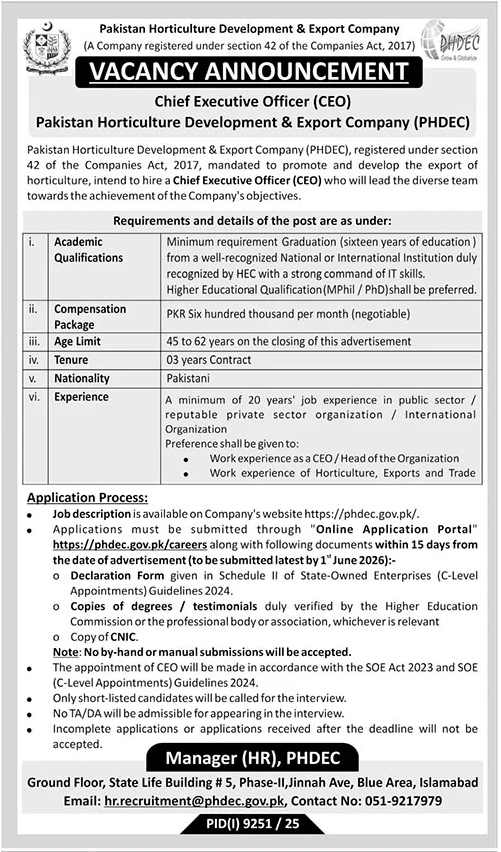 Pakistan Horticulture Development & Export Company PHDEC CEO Job - Islamabad