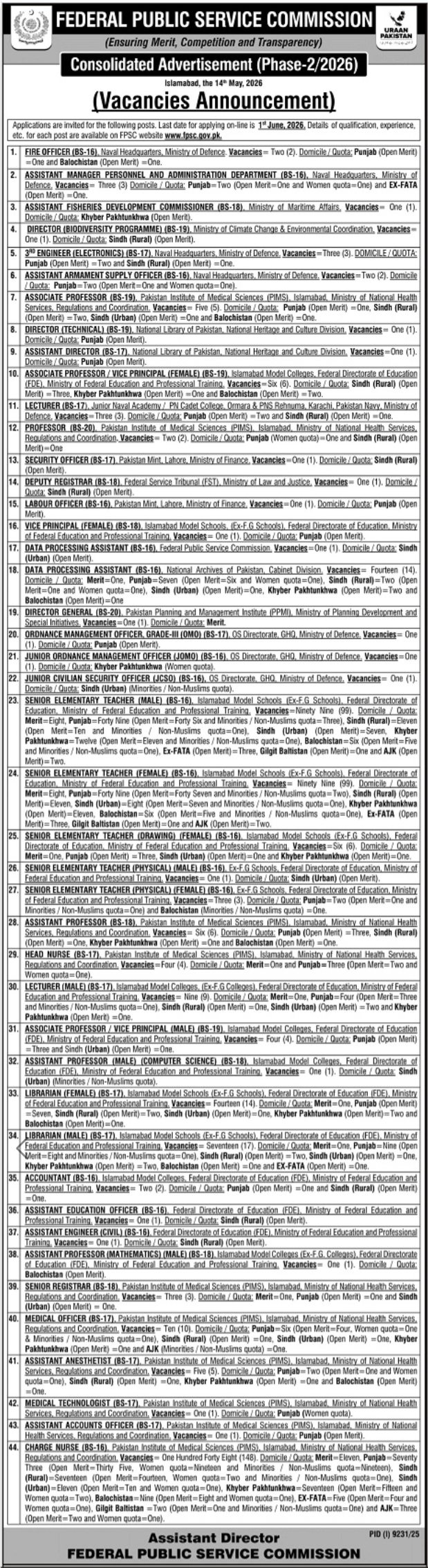 Federal Public Service Commission FPSC Jobs Phase-2/2026 - Islamabad
