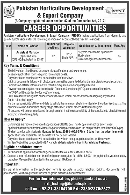 Pakistan Horticulture Development & Export Company Assistant Manager Jobs - Multiple Cities