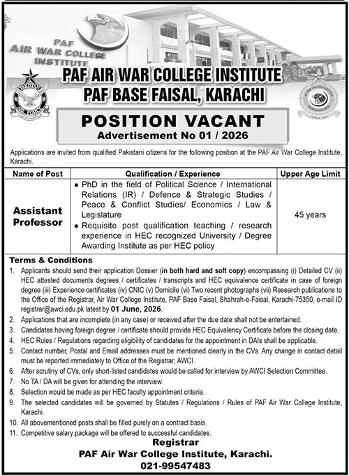 PAF Air War College Institute Assistant Professor Job - Karachi