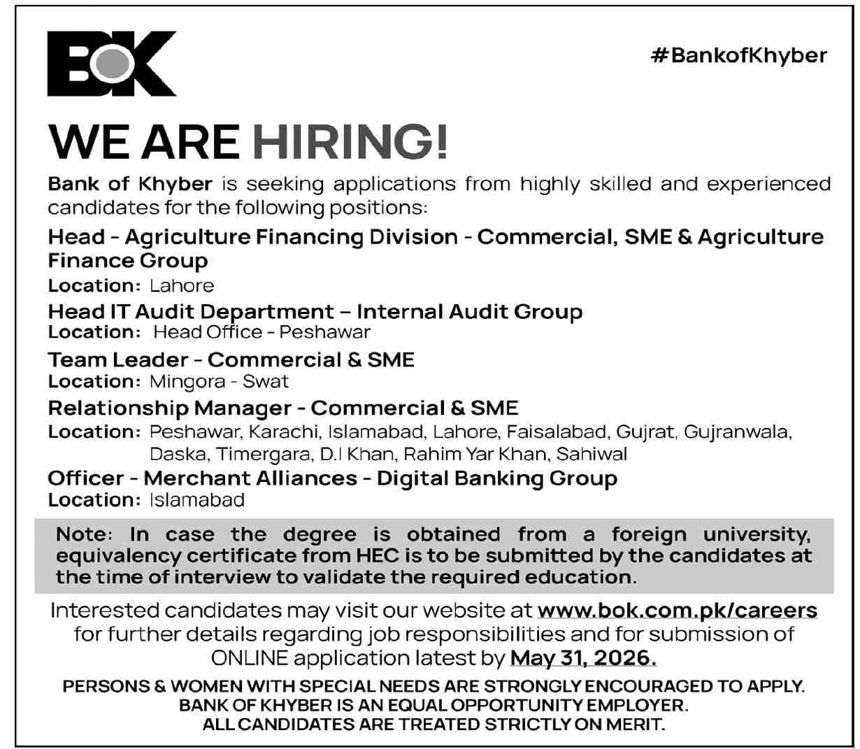Bank of Khyber - Multiple Positions - Multiple Cities