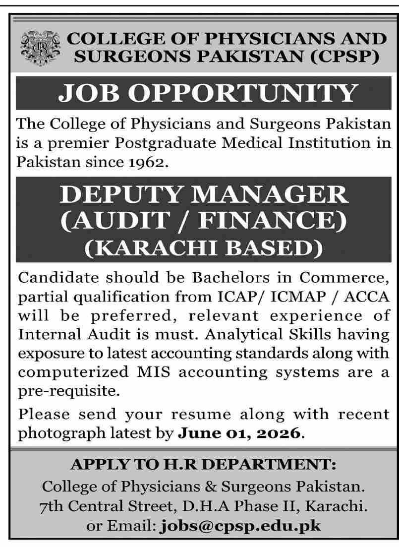 Deputy Manager Audit/Finance - CPSP - Karachi