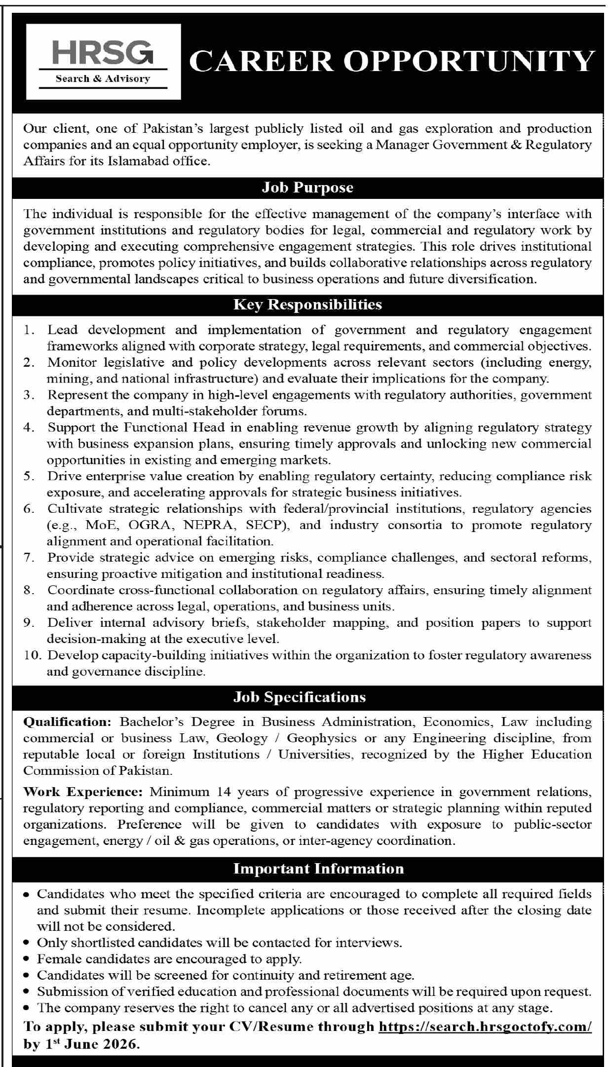 Manager Govt & Regulatory Affairs - HRSG - Islamabad
