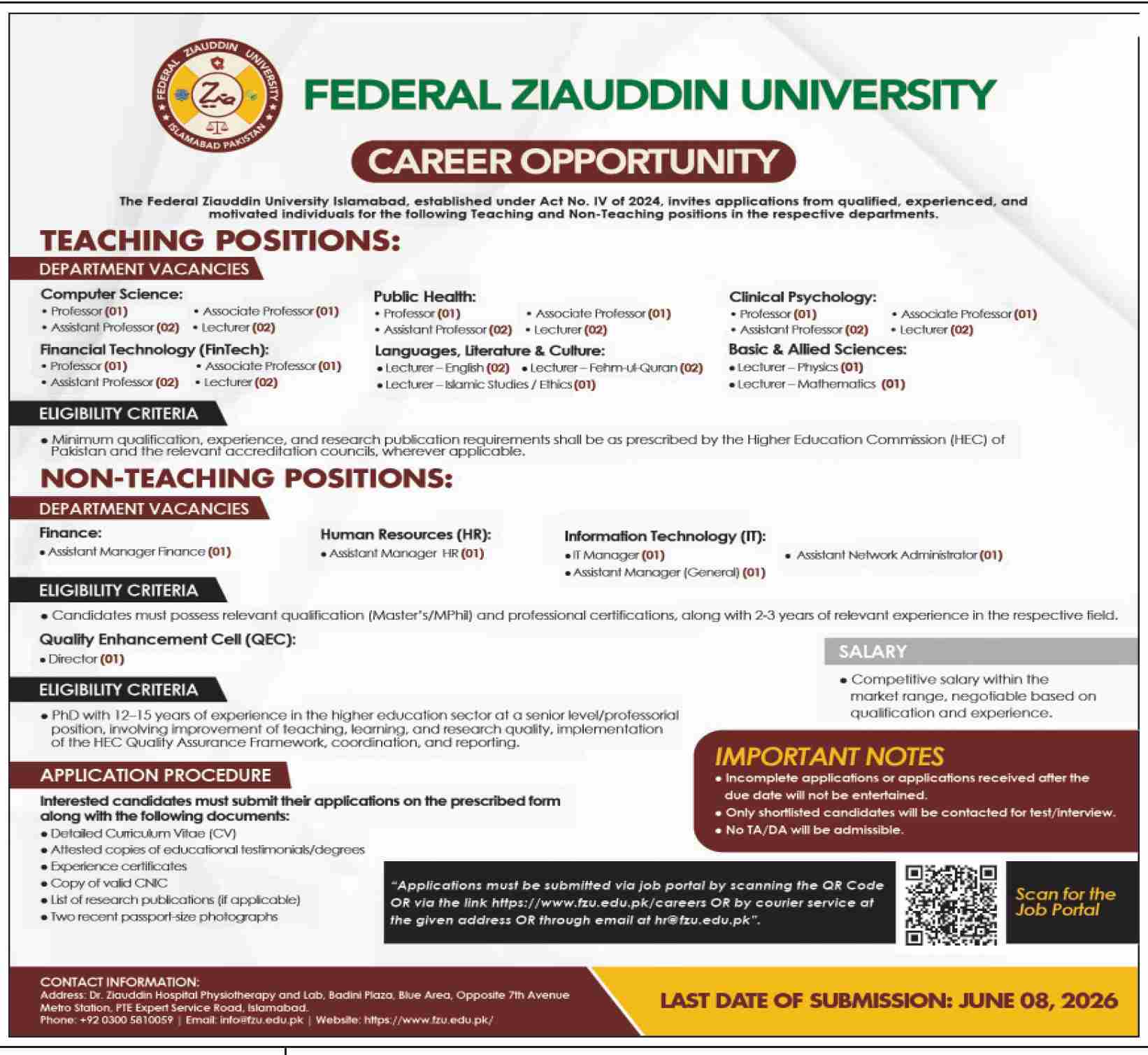 Federal Ziauddin University - Teaching & Non-Teaching Posts - Islamabad
