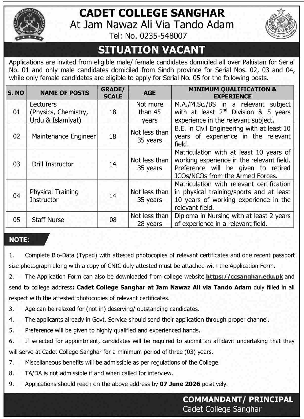Cadet College Wana - Multiple Posts - Wana