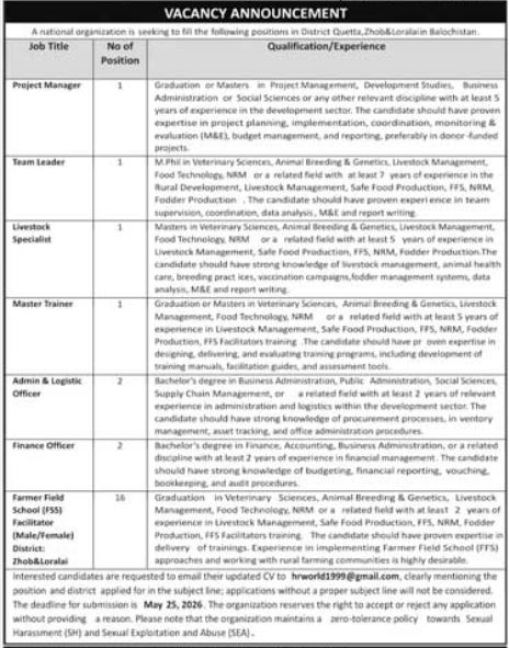 NGO Jobs - Quetta, Zhob, Loralai - Multiple Cities